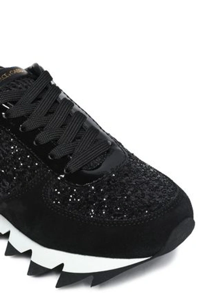 Shop Dolce & Gabbana Woman Capri Glittered Suede, Mesh And Patent-leather Sneakers Black