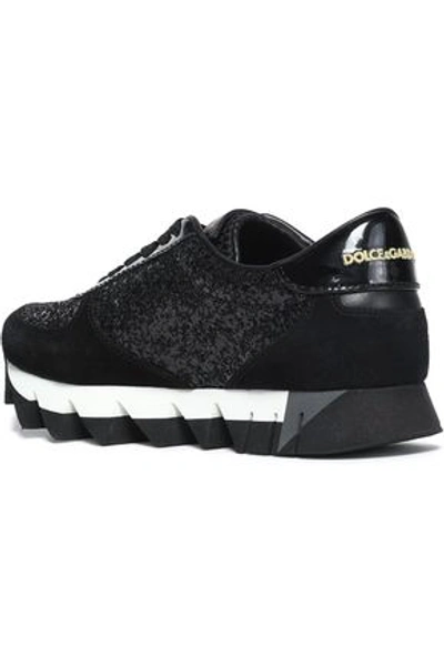 Shop Dolce & Gabbana Woman Capri Glittered Suede, Mesh And Patent-leather Sneakers Black