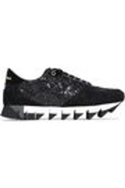 Shop Dolce & Gabbana Woman Capri Glittered Suede, Mesh And Patent-leather Sneakers Black