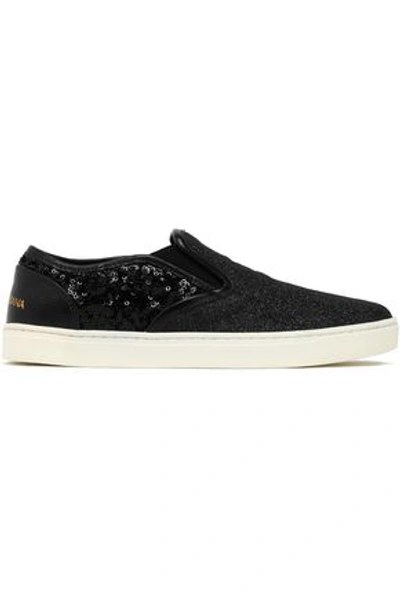 Shop Dolce & Gabbana Woman Glittered Leather Slip-on Sneakers Black