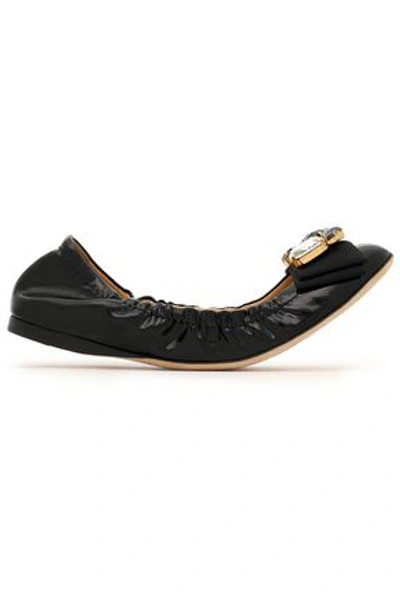 Shop Dolce & Gabbana Woman Crystal And Bow-embellished Patent-leather Ballet Flats Black