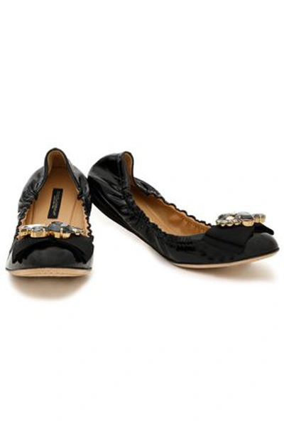 Shop Dolce & Gabbana Woman Crystal And Bow-embellished Patent-leather Ballet Flats Black