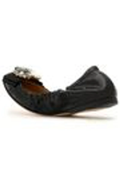 Shop Dolce & Gabbana Woman Crystal And Bow-embellished Patent-leather Ballet Flats Black