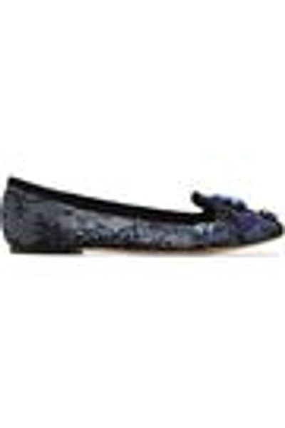 Shop Dolce & Gabbana Woman Embellished Corded Lace Ballet Flats Navy