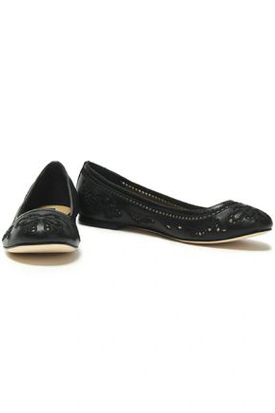 Shop Dolce & Gabbana Woman Broderie Anglaise Leather Ballet Flats Black