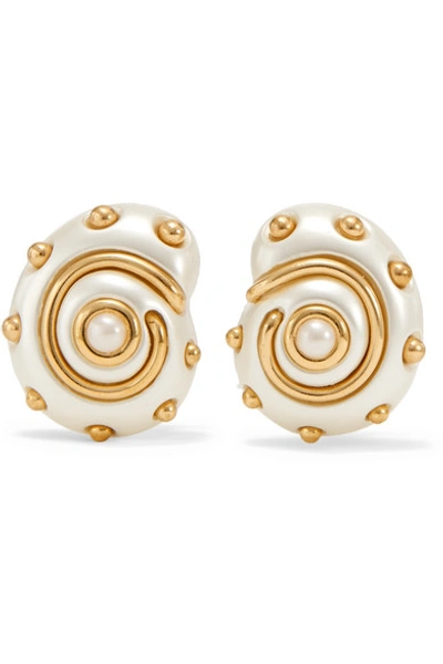 Shop Kenneth Jay Lane Gold-tone Faux Pearl Clip Earrings In White