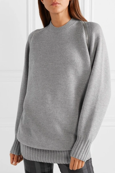 Shop Alexander Wang Oversized Zip-detailed Ribbed Merino Wool Sweater In Gray