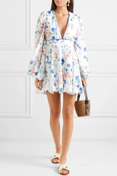 Shop Alice Mccall Bluebell Floral-print Cotton And Silk-blend Mini Dress In White