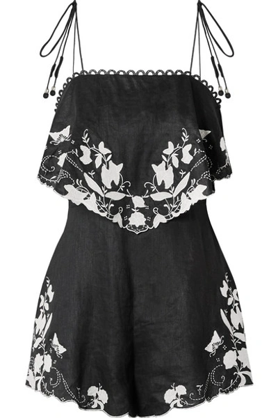 Shop Zimmermann Juniper Appliquéd Linen Playsuit In Black