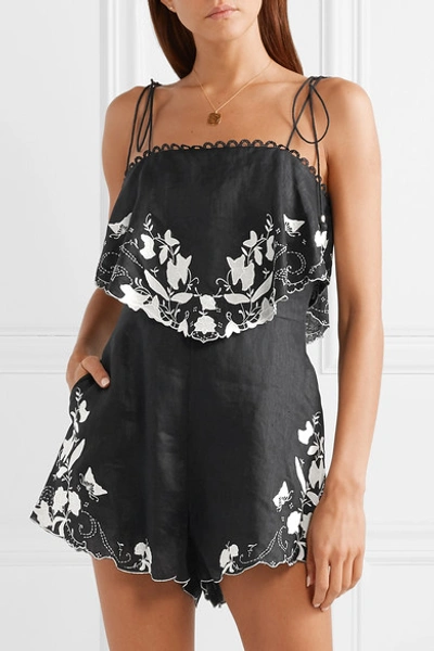 Shop Zimmermann Juniper Appliquéd Linen Playsuit In Black