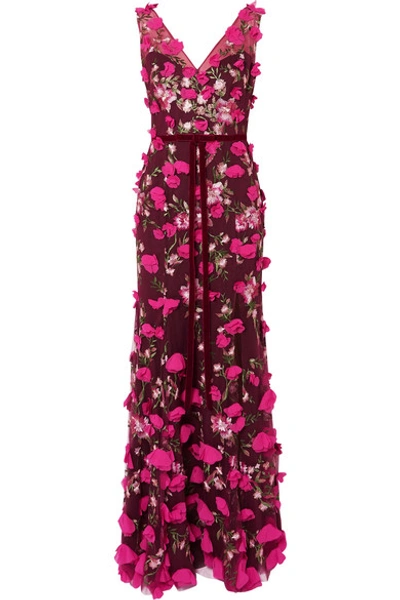 Shop Marchesa Notte Embroidered Appliquéd Tulle Gown In Burgundy