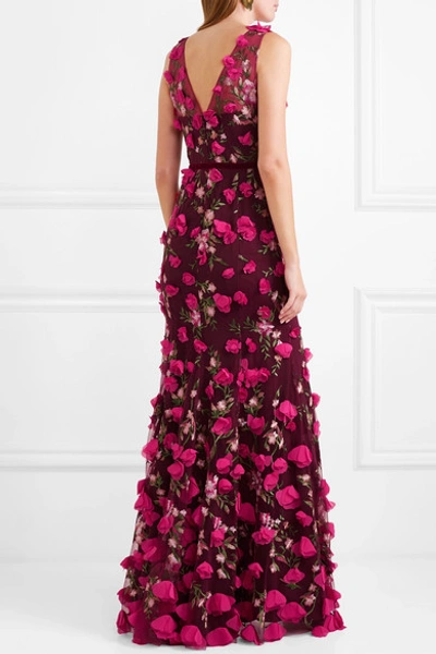 Shop Marchesa Notte Embroidered Appliquéd Tulle Gown In Burgundy