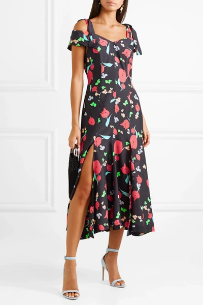 Shop Alice Mccall One Kiss Cold-shoulder Floral-print Crepe De Chine Midi Dress In Black