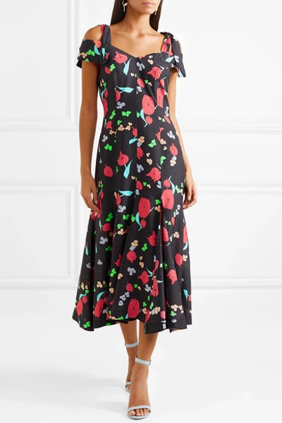 Shop Alice Mccall One Kiss Cold-shoulder Floral-print Crepe De Chine Midi Dress In Black