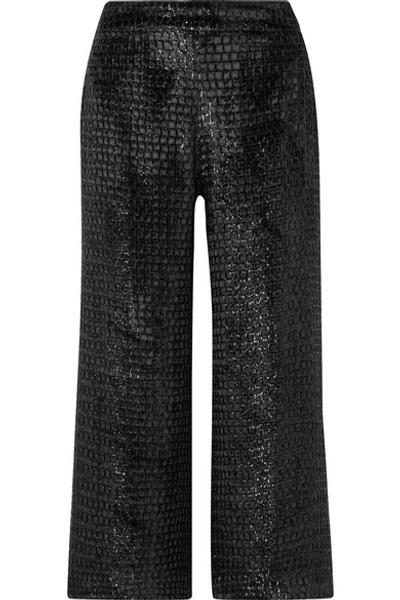 Shop Brandon Maxwell Cropped Metallic Velvet Wide-leg Pants In Black