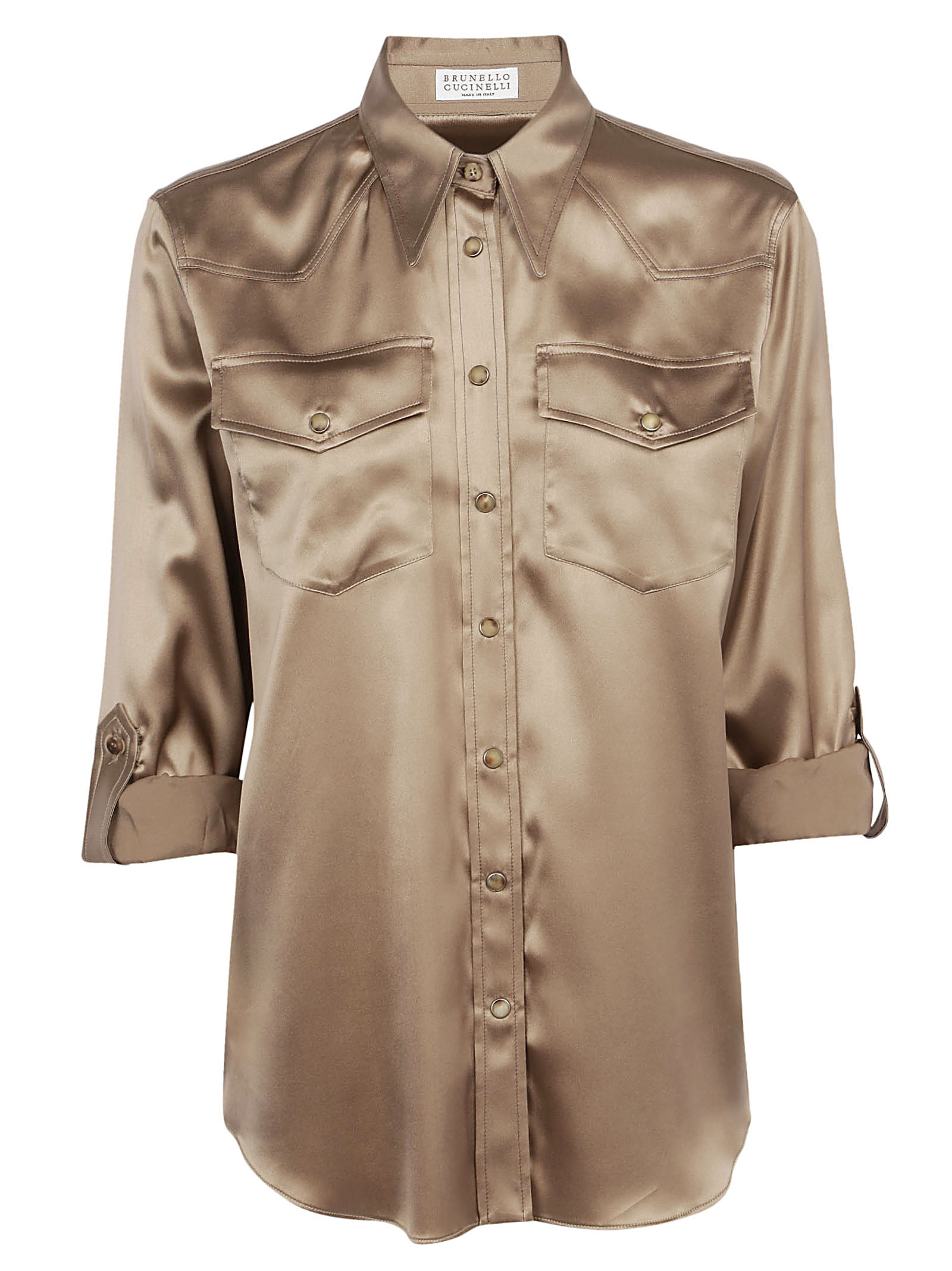 Brunello Cucinelli 米色拼接版型真丝衬衫in Neutrals Modesens