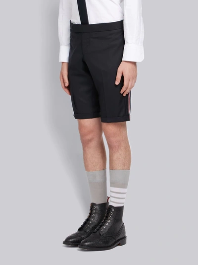 Shop Thom Browne Engineered Side Seam Stripe Solid Wool Twill Skinny Shorts In Blue