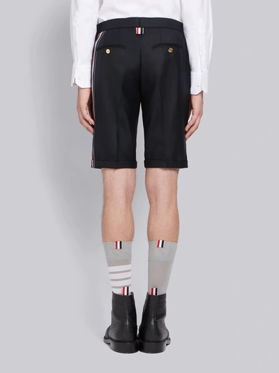 Shop Thom Browne Engineered Side Seam Stripe Solid Wool Twill Skinny Shorts In Blue