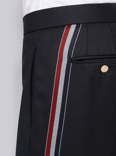 Shop Thom Browne Engineered Side Seam Stripe Solid Wool Twill Skinny Shorts In Blue