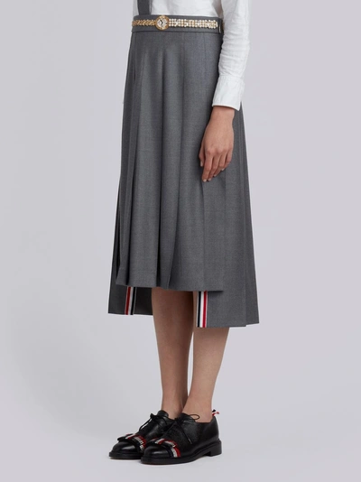 Shop Thom Browne Below Knee Dropped Back Pleated Skirt With Belt Applique In Super 120's Twill In Grey