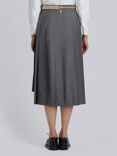 Shop Thom Browne Below Knee Dropped Back Pleated Skirt With Belt Applique In Super 120's Twill In Grey