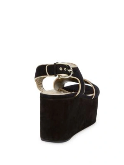 Shop Ferragamo Lucrezia Metallic Leather-trimmed Suede Wedge Sandals In Black