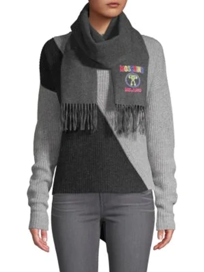 Shop Moschino Logo Wool Scarf In Grey