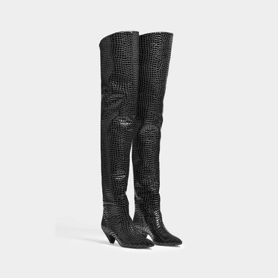 Shop Attico | Asia Croc Print Patent Long Boots In Black Calfskin