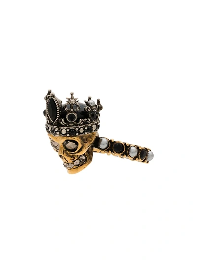 Shop Alexander Mcqueen Gold And Silver Metallic Crystal Embellished Queen Skull Ring