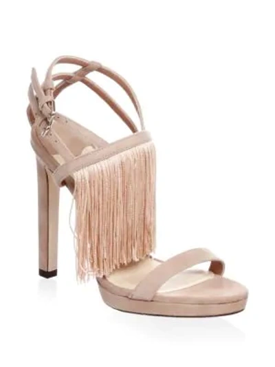 Shop Jimmy Choo Fringe Suede Stiletto Sandals In Ballet Pink