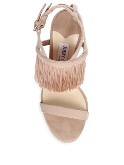 Shop Jimmy Choo Fringe Suede Stiletto Sandals In Ballet Pink