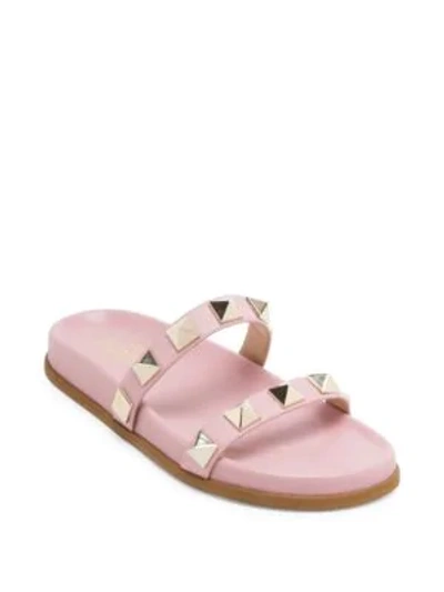 Shop Valentino Lock Leather Slides In Pink