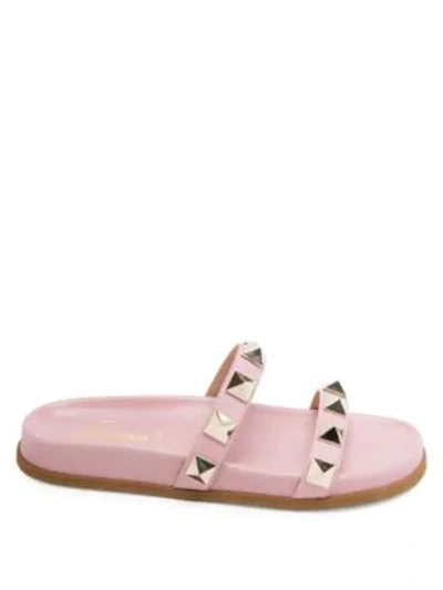 Shop Valentino Lock Leather Slides In Pink