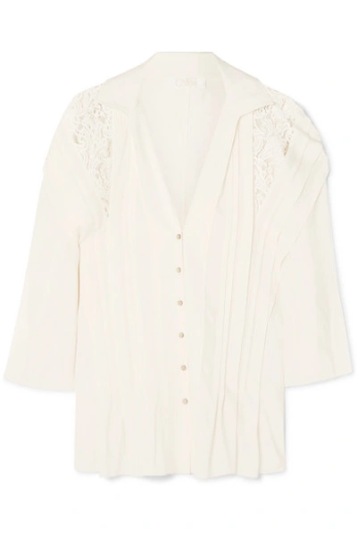 Shop Chloé Lace-trimmed Pleated Crepe De Chine Blouse In Ivory