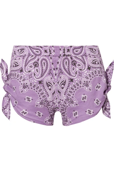 Shop Paradised Knotted Printed Cotton-poplin Shorts In Lilac