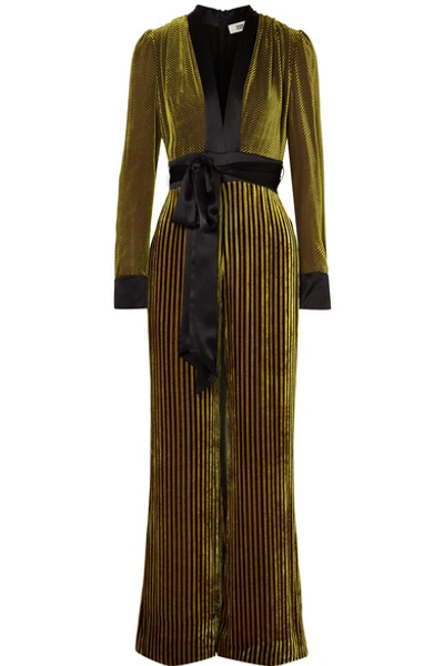 Shop Diane Von Furstenberg Satin-trimmed Striped Devoré-velvet Jumpsuit In Gold