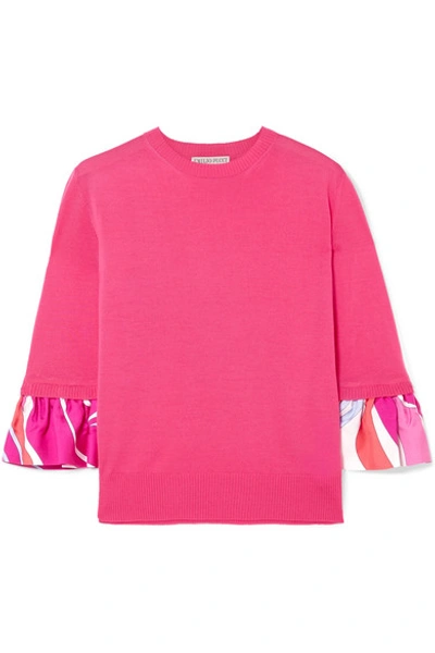 Shop Emilio Pucci Printed Silk-trimmed Wool Sweater In Pink