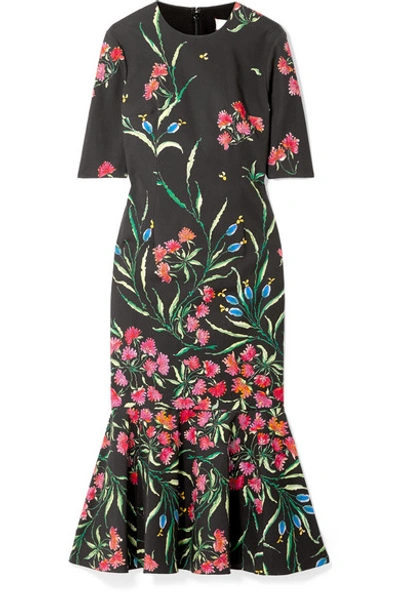 Shop Carolina Herrera Fluted Floral-print Cotton-blend Midi Dress In Black
