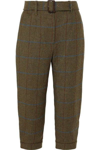Shop James Purdey & Sons Cropped Checked Wool-tweed Tapered Pants In Army Green