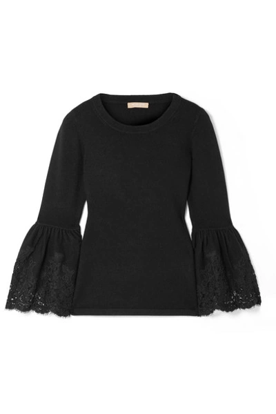Shop Michael Kors Lace-trimmed Cashmere-blend Sweater In Black