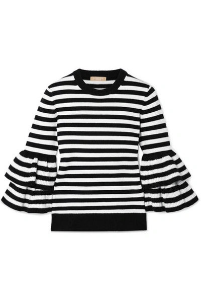 Shop Michael Kors Ruffled Striped Cashmere-blend Sweater In Black