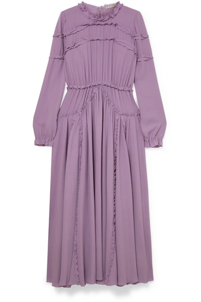 Shop Bottega Veneta Ruffled Gathered Silk-crepe Dress In Lilac
