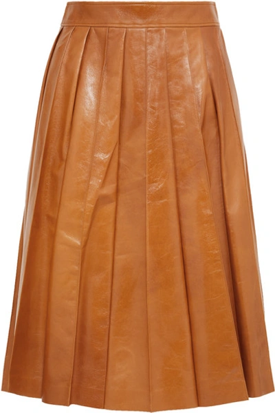 Shop Bottega Veneta Pleated Glossed-leather Skirt In Orange