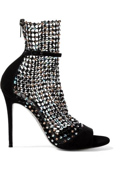 Shop René Caovilla Crystal-embellished Mesh And Suede Sandals In Black