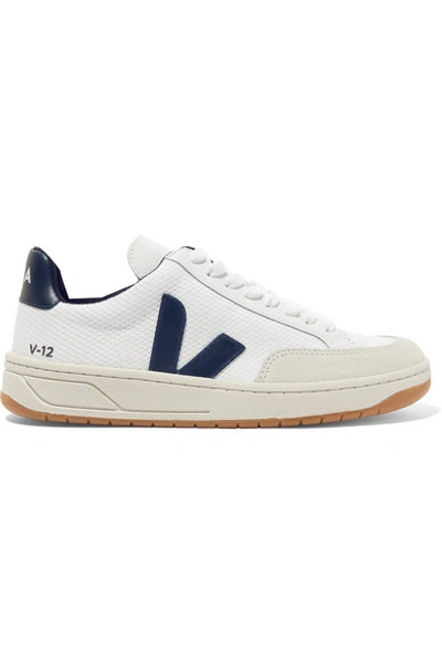 Shop Veja V-12 Leather-trimmed Mesh And Nubuck Sneakers In White