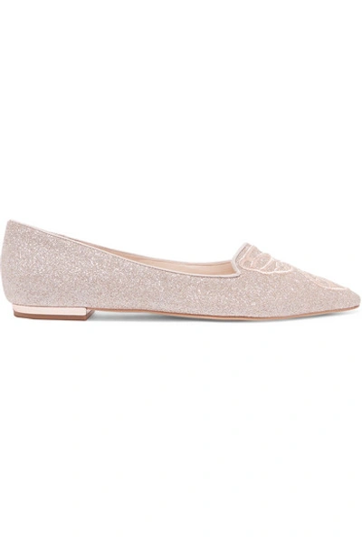 Shop Sophia Webster Butterfly Embroidered Glittered Leather Point-toe Flats In Metallic