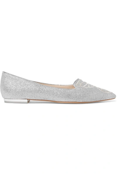 Shop Sophia Webster Butterfly Embroidered Glittered Leather Point-toe Flats In Silver