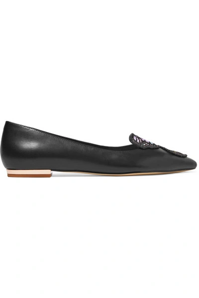 Shop Sophia Webster Butterfly Embroidered Leather Point-toe Flats In Black
