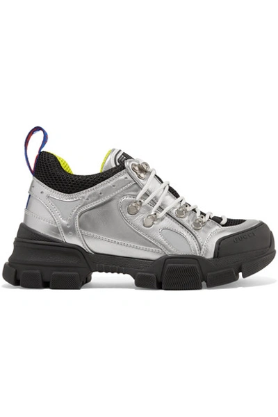 Shop Gucci Flashtrek Metallic Leather And Mesh Sneakers In Silver