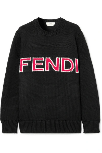Shop Fendi Intarsia Fleece Wool Sweater In Black